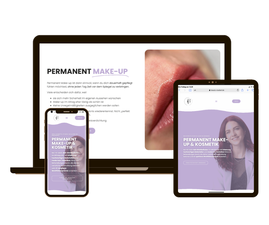 Mockup mit Desktop-Monitor, Tablet und Smartphone, die eine Website zu Permanent Make-up und Kosmetik vom beautystüberl in Glonn anzeigen; auf dem Monitor zusätzlich eine Nahaufnahme von Lippen, auf Tablet und Smartphone die Inhaberin vor violettem Hintergrund mit Textinhalt